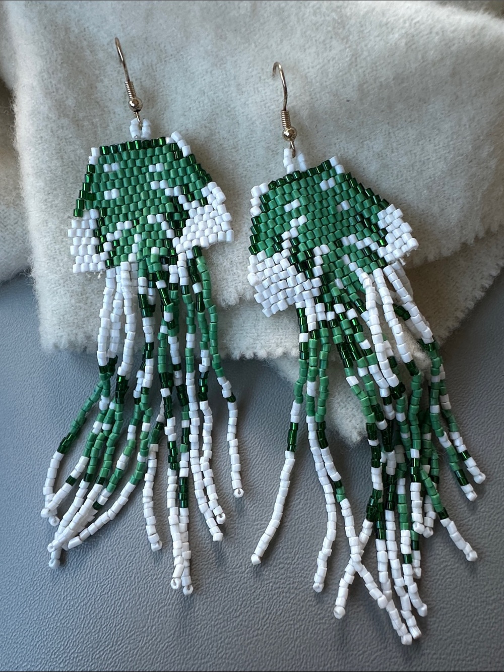 Handmade Green & White Beaded Fringe Earrings